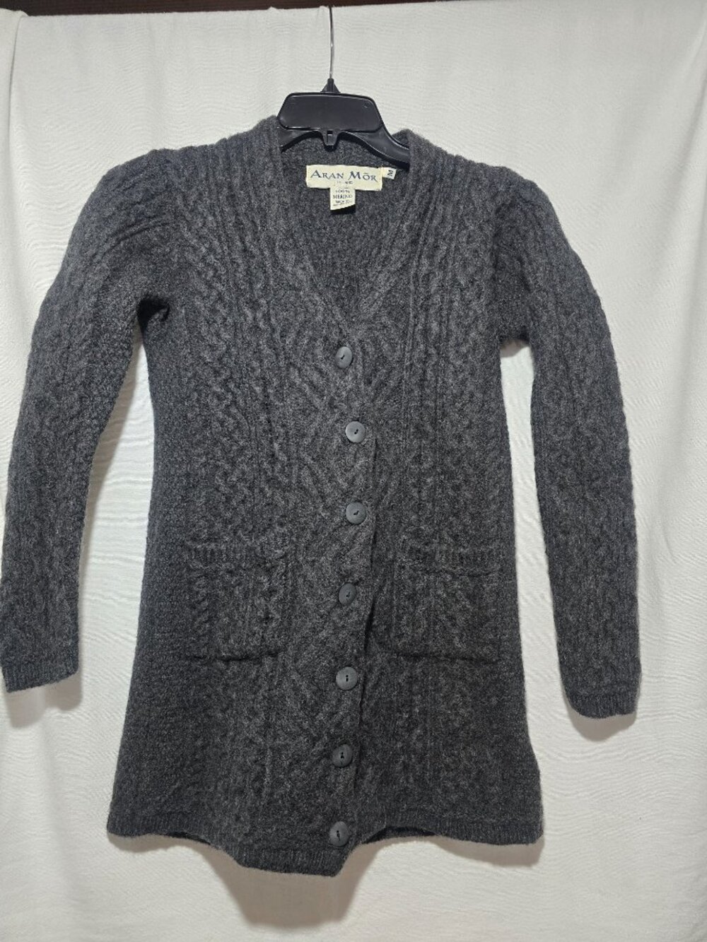 Aran Môr Ireland 100% Merino Wool Cable Knit Cardigan Sweater Women's M Gray GUC
